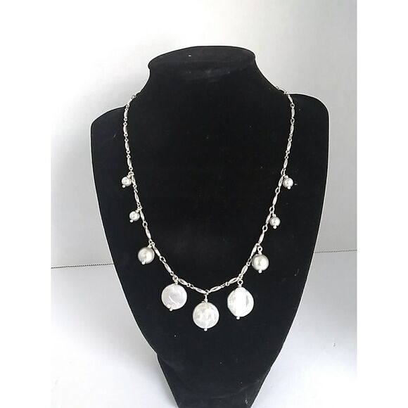 Pearl Necklace Silver‎ Tone Coin & Round Pearls Dangle Elegant Jewelry - Picture 1 of 5